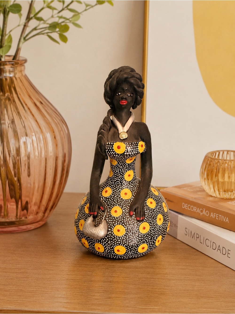 Handmade Brazilian terracotta folk art figurine in Black and Yellow Dress